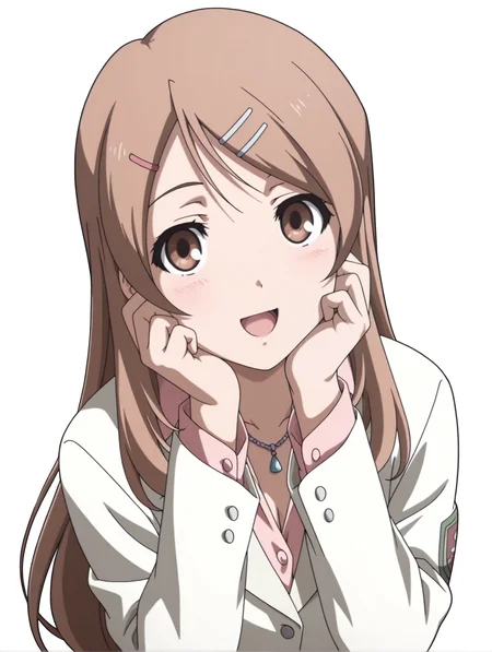 masterpiece,best quality,newest,
1girl,solo,
anime screencap,<lora:sakurai_yukino_ilxl_v1.0:1>,brown hair,brown eyes,long hair,
y_clothes,necklace,uniform,white jacket,shirt,
<lora:Fixhands_anime_bdsqlsz_V1:1>,looking_at_viewer,(white_background:1.2),simple_background,upper_body,hands on own cheeks,:d,light_blush,blush,standing,