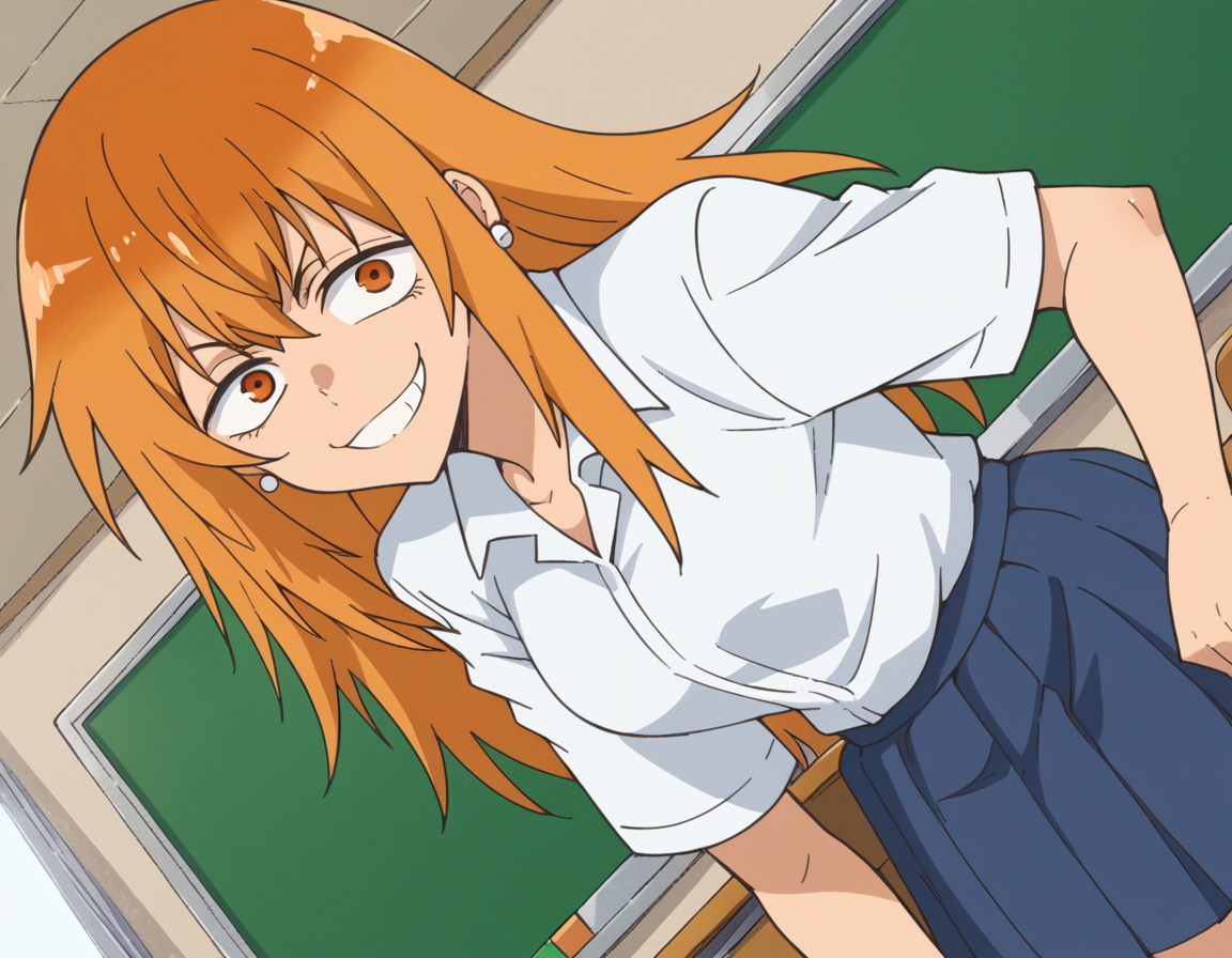 score_9, score_8_up, score_7_up, source_anime,
makigamou, <lora:maki-gamou-s1s2-ponyxl-lora-nochekaiser:1>,
maki gamou, long hair, orange hair, orange eyes, sanpaku,
skirt, shirt, jewelry, school uniform, white shirt, pleated skirt, earrings, blue skirt,
indoors, classroom, bent over, smile,
looking at viewer, cowboy shot, solo, dutch angle,