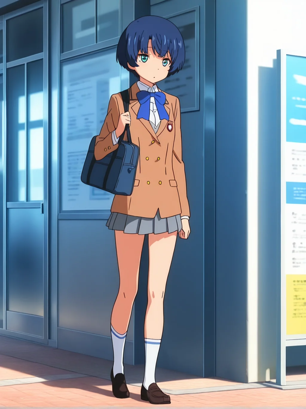 (masterpiece:1.4), (best quality:1.4),,absurdres,anime screenshot
1girl,female focus,solo,,detailed eyes,1girl,
tanigawa_kanna,  
blue hair, short hair, blue eyes,   aqua eyes, 
school uniform, brown jacket, skirt, ,white socks,blue stripe,pleated skirt,loafers,blue ribbon
outdoor,standing,full body,school bag
 <lora:kanna:1.2>