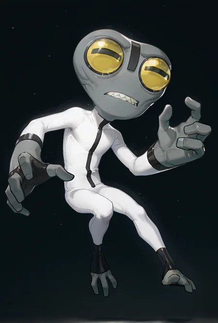 <lora:greymatter-09:1> greymatter, solo, 1boy, white bodysuit, grey skin, , small body, big hands,  , sharp teeth, big yellow eyes, big head, dynamic pose, <lora:WSSKX_WAI:1>, tiny character, getting grabbed, being held,, masterpiece, best quality, amazing quality, very aesthetic, absurdres, newest,