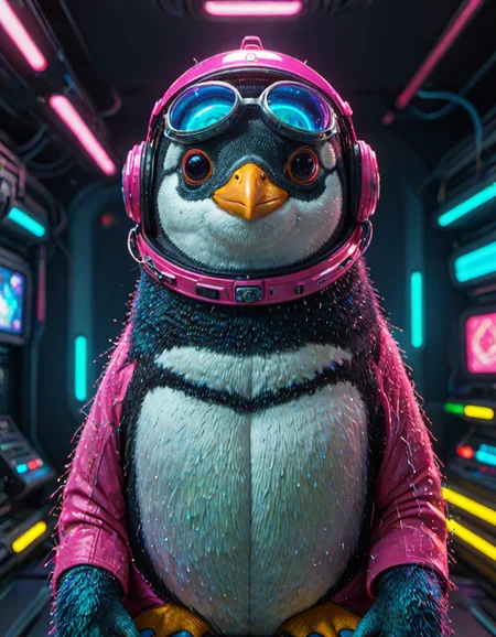 (ombre color scheme of neon pink, neon blue, neon green, neon yellow, neon yellow-red) (in the style of Zdzislaw Beksinski:1.2) (cute:1.25) (anime penguin:1.75) wearing a space helmet sitting at command chair with the lights of the consoles behind, in the style of sci - fi environments, glo - fi, aesthetic, comic, beeple, space background <lora:another-bored-particle:0.55> <lora:add-detail-XL:0.65>, subsurface scattering, ultra hd, 4k, high def, Photorealistic, Hyperrealistic, Hyper detailed, analog style, realistic, masterpiece, best quality, ultra realistic, 8k, Intricate, High Detail, film photography, soft lighting, heavy shadow