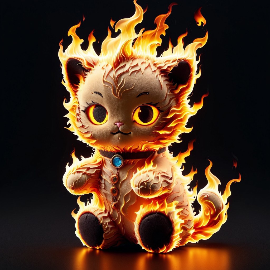 score_9, score_8_up, score_7_up, score_6_up, score_5_up, score_4_up  <lora:woafu_plushify_sdxl_v02:1>,

(single, plushify, character stuffed toy, chibi, adorable cat, fluffy),  

extremely detailed, realistic, 8k, 

(on fire:3), fire, realistic fire, in flames, fire background, mad-flames