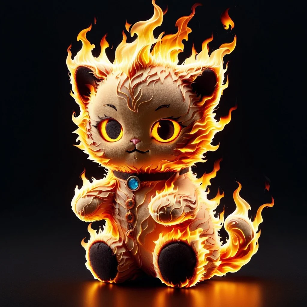 score_9, score_8_up, score_7_up, score_6_up, score_5_up, score_4_up  <lora:woafu_plushify_sdxl_v02:1>,

(single, plushify, character stuffed toy, chibi, adorable cat, fluffy),  

extremely detailed, realistic, 8k, 

(on fire:3), fire, realistic fire, in flames, fire background, mad-flames
