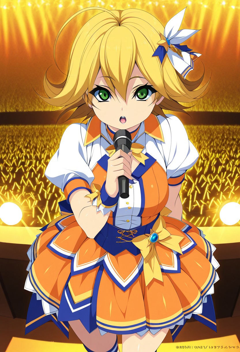 very awa,masterpiece, best quality, good quality,anime coloring,kinoshita_ichi,FongNina,blonde hair,ahoge,green eyes,
idol costume,orange dress,microphone
