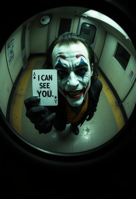 Fisheye lens, close-up of Heath Ledger as the Joker, seen through a surveillance camera, his unsettling grin fixed directly on the lens as if aware of the observer. The dim, eerie setting of a subway station with beige-green tiles and flickering fluorescent lighting adds to the sinister mood. The Joker holds a playing card up in one hand with the text: "I can see you", its bold design stark against the shadowy, grimy backdrop. <lora:- Flux1 - vanta_black_V1.0.safetensors:0.75>, <lora:DarkCore-000003.safetensors:1.0>, <lora:black_fantasy.safetensors:0.5>, <lora:aidmacatched-FLUX-v0.1.safetensors:0.5>,