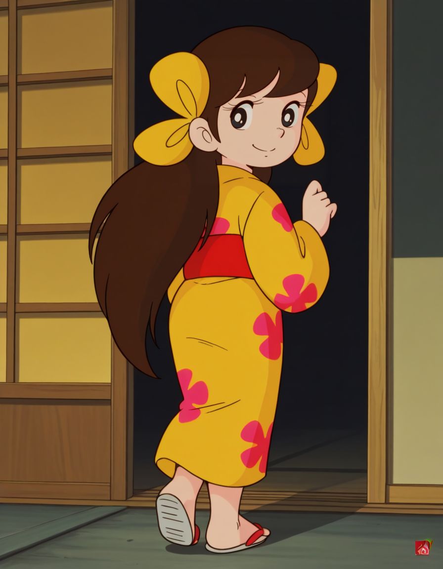 masterpiece, best quality, solo, smile, happy, full body, facing away, looking back, 
<lora:Sakura:1>, saku4a, 1girl, long hair, brown hair, black eyes, yellow kimono, multiple hair bows, 1970s \(style\),