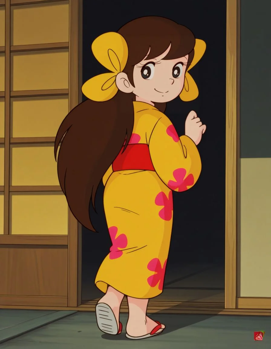 masterpiece, best quality, solo, smile, happy, full body, facing away, looking back,
<lora:Sakura:1>, saku4a, 1girl, long hair, brown hair, black eyes, yellow kimono, multiple hair bows, 1970s \(style\),