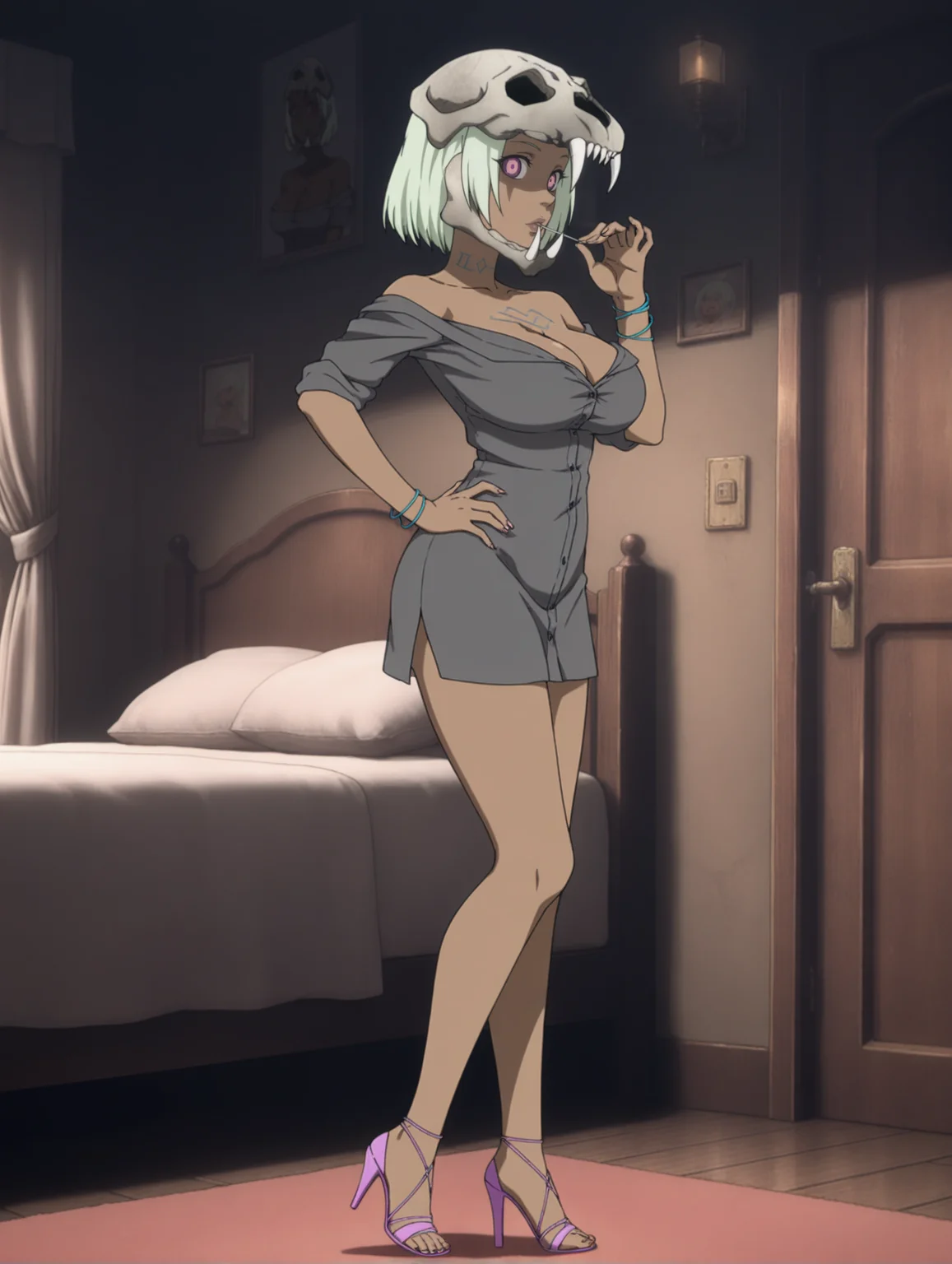 masterpiece,best quality,amazing quality
<lora:IL_Castra:1>,IL_Castra,solo,1girl,dark skin,breasts,high heels,lollipop,dark-skinned female,candy,large breasts,cleavage,short hair,grey dress,blue bracelets,skull helmet,light green hair,bob cut,bare shoulders,pink high heels,tattoo on collarbone,short sleeves,purple eyes,standing,from side,indoors,bedroom