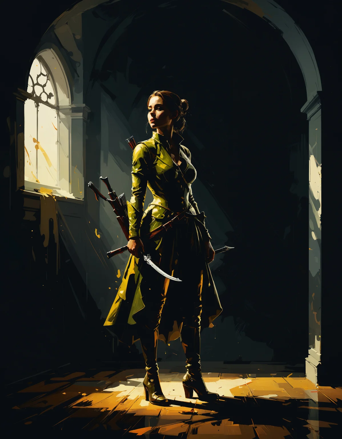zavy-ngtvpnt, negative space, minimalism, painting, Renaissance, Aspiring pear-shaped figure Female Hunter, Very wide view, Hopeful, moody lighting, dynamic cinematic perfect background, winning, polished, highly detail, glossy, advanced cinematic perfect light, set logical ambient background, highly detailed
