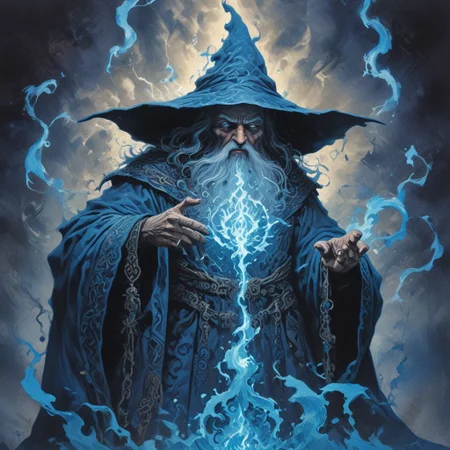 A powerful wizard summoning dark forces of blue and black to power an evil spell, art by Massimilano Frezzato, art by kev walker, art by Matisse, detailed, realistic lighting, amazing breathtaking details, evoKevWalker,
