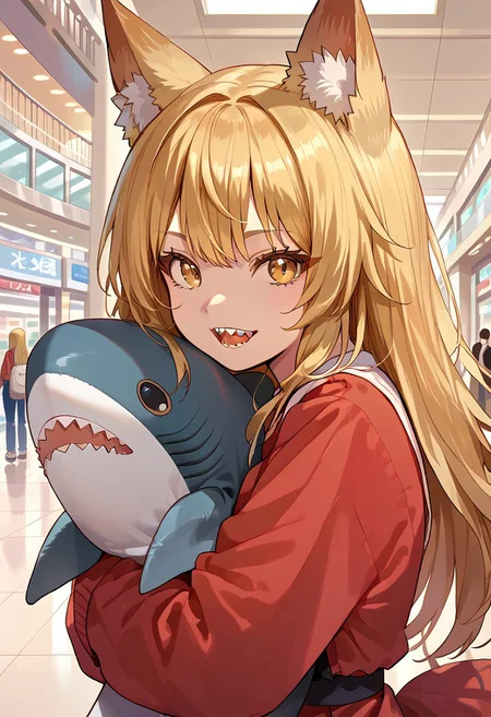 score_9, score_8_up, score_7_up, source_anime, fox girl, cute face, blonde long hair, tail, red bow in hair, solo, portrait, mall, crowd, open mouth, looking at viewer, open mouth, sharp teeth, presenting shark, hugging, shark, stuffed shark, detailed background