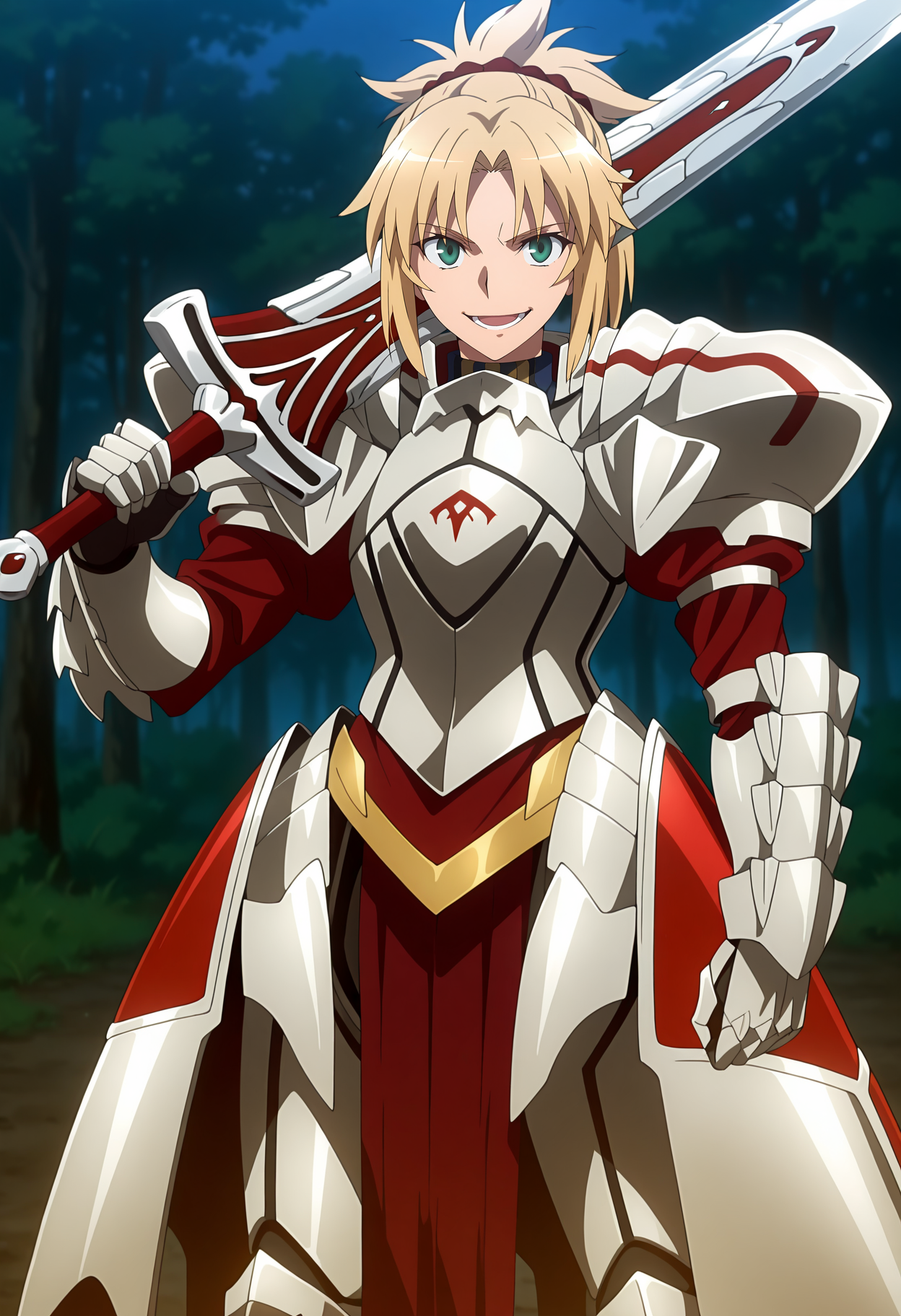 anime screencap, masterpiece, best quality,
<lora:FateApocrypha_Mordred_IlluXL:0.9>,
1girl, solo, closed mouth, crazy smile, lower teeth only,
ponytail, parted bangs, french braid, blonde hair, red scrunchie, green eyes,
full armor, pauldrons, faulds, gauntlets, greaves, pelvic curtain,
sword over shoulder, holding sword, clarent \(fate\),
standing, looking at viewer, cowboy shot,
outdoors, forest, dark, night, fog, blurry background