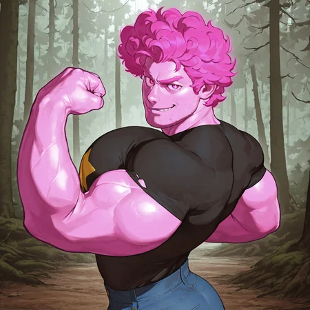 masterpiece, best quality, absurdres, newest, perfect quality, best quality, absolutely eye-catching, detailed background, intricate details, bara, 1boy, male, male focus, solo, pink skin, pink hair, fluffy hair, curly hair, forehead, pink eyes, stubble, black t-shirt, star symbol, ripped shirt, ripped sleeves, blue pants bara, muscular, large pectorals, large biceps, upper body, cowboy shot, looking at viewer, side view, smirk, flexing arms, forest scenery, very awa, best quality, absurdres, newest, perfect quality, detailed background, intricate details, (artist:rokudenashi:0.8), (artist:dizdoodz:0.7), (artist:gomtang:0.6)