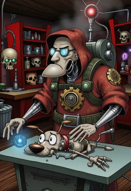 Eustace Bagge, reimagined as a photorealistic Adeptus Mechanicus tech-priest, tinkers with a cybernetic Courage in a grim, gothic workshop steeped in industrial dread. Eustace wears a tattered, rust-red robe with cogwheel motifs, his mechanical arm whirring, a glowing red ocular implant piercing through his grumpy scowl, and cables trailing from his back. Courage lies on a cold, metallic operating table, his wide, nervous eyes unmistakable despite his bionic transformations—glowing blue energy cores, a sleek mechanical tail, and patchwork cybernetic limbs. The workshop is a photorealistic chaos of towering shelves packed with spare parts, hovering servo-skulls with glowing green eyes, and sparking tools, illuminated by flickering red light, rising steam, and the ominous hum of machinery. The scene blends the quirky fear of Courage the Cowardly Dog with the oppressive, dystopian grit of Warhammer 40K