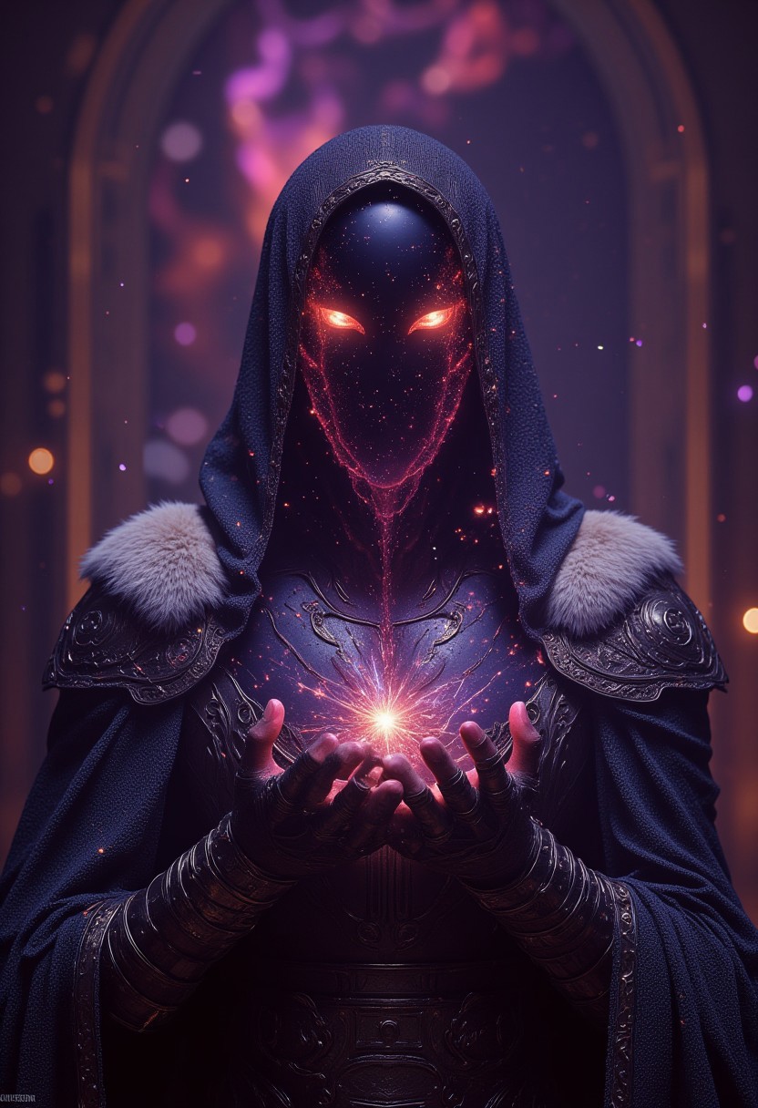 This high-quality digital artwork depicts a faceless god, holding the universe in his palm. The god has no face. Instead, where the gods face would be is a smooth, featureless, black surface, consumed by darkness with a swarm of beautiful stars scattered. The faceless god is clothed in an elegantly designed, dark, lightly  armored robe, with a white fur collar, that covers the spirits torso and arms. The background features a universe with colorful twinkling stars. The camera angle is leveled, looking at the faceless god, emphasizing it's gut wrenching situation. The depth of field is wide, keeping everything in sharp focus, highlighting every magnificent detail. The overall aesthetic quality is very high, showcasing excellent use of lighting and composition.((heavy pink and magentas))