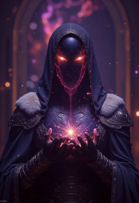 This high-quality digital artwork depicts a faceless god, holding the universe in his palm. The god has no face. Instead, where the gods face would be is a smooth, featureless, black surface, consumed by darkness with a swarm of beautiful stars scattered. The faceless god is clothed in an elegantly designed, dark, lightly armored robe, with a white fur collar, that covers the spirits torso and arms. The background features a universe with colorful twinkling stars. The camera angle is leveled, looking at the faceless god, emphasizing it's gut wrenching situation. The depth of field is wide, keeping everything in sharp focus, highlighting every magnificent detail. The overall aesthetic quality is very high, showcasing excellent use of lighting and composition.((heavy pink and magentas))