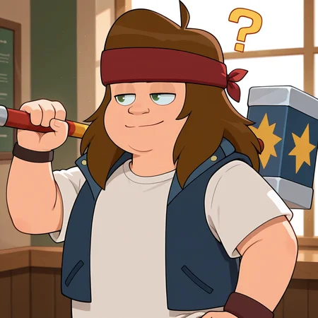amazing quality, detailed, detailed_background, best quality, (source_toon:0.5), BREAK , <lora:chainsaw-v3B-15:0.95> (hoi-chainsaw), 1boy, plump:0.5, (aged_up:0.5), young,
, red headband, white t-shirt, blue cropped_vest, upper body, ((single))_purple_wristband, ((asymmetrical wristband)),
, holding sledgehammer, weapon_over_shoulder, light smile, half-closed eyes, closed mouth, ?