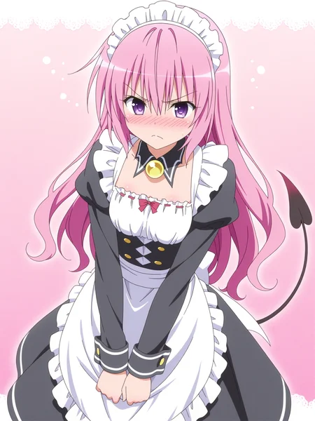 <lora:nana_1:1>,nana,purple eyes,tail,long hair,tsundere,pink hair,maid,
