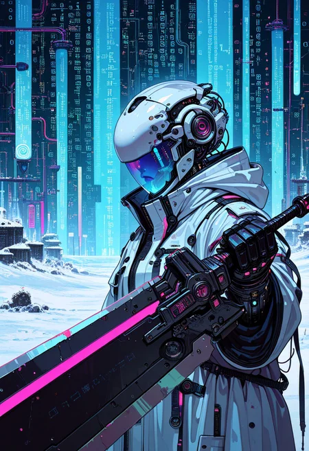 (buchi \(qooo003\), aleriia v, tonton, kyu yong eom:0.9),, masterpiece, newest,absurdres,very awa, solo, visor, helmet, cyborg, intricate detail, holding sword, pointed down, close-up, (transparent:0.9),(huge weapon:1.1),  motion lines, depth of field, (depth),mcnm,
BREAK,
robe, techwear, geometric, layered fabric, snow, cyberpunk, bunker, neon lights, frost, cement, pillars, (binary:1.2), (reflection:1.1), double exposure, abstract background, neon trim, XUER guangying, 4ki4k4ne_illu, arrow symbol,surreal lighting, high-contrast shading, trippy, weapon focus, (ambient occlusion), outline, sharp