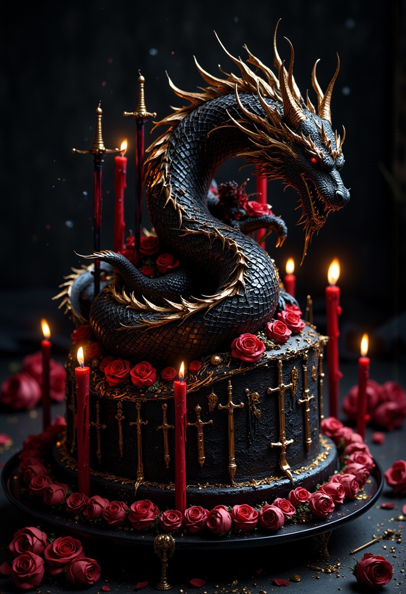 Gothicpunk  black velvet cake, golden black dragon on top, red and black swords surrounding the dragon black icing, candles in the shape of swords, red roses, ultra HD, magical realism, ultra fine details, cinematic, fantasycore, volumetric lighting, epic composition, grimdark, ,breathtaking borderland fantasycore artwork by Android Jones, Jean Baptiste monge, Alberto Seveso, James Jean, Jeremy Mann, maximalist highly detailed and intricate professional photography, a masterpiece, 8k resolution concept art