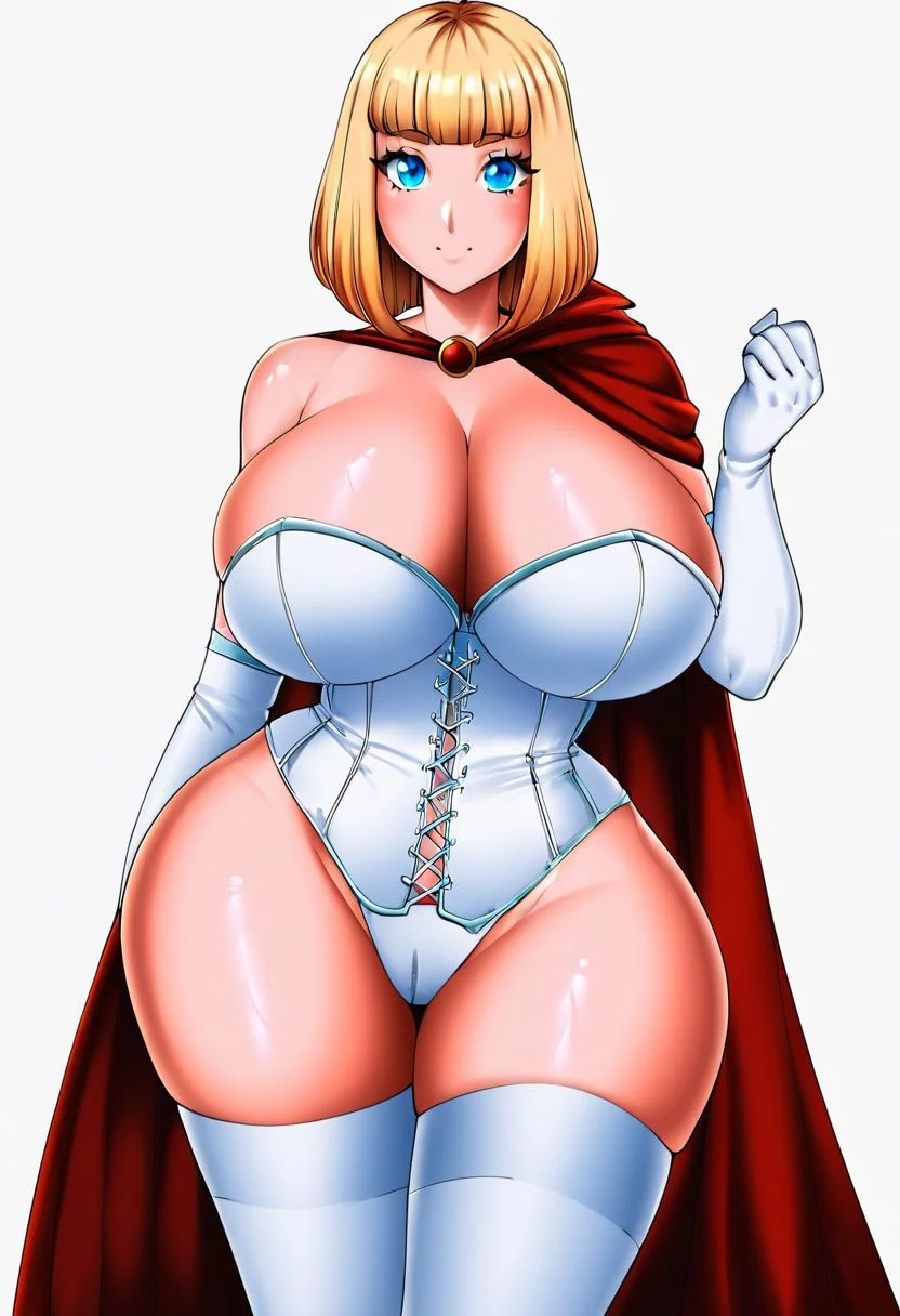 score_9, score_8_up, score_8, source_cartoon, 1girl, DoompyPomp \(Artist\), @DoompyPomp, large sagging cleavage, wide hips, shiny skin, huge breasts, corset, thigh highs, cape, bare shoulders, elbow gloves, BREAK blonde hair, shoulder-length cut, blue eyes, white corset, white gloves, white fur-lined cape, white background,
