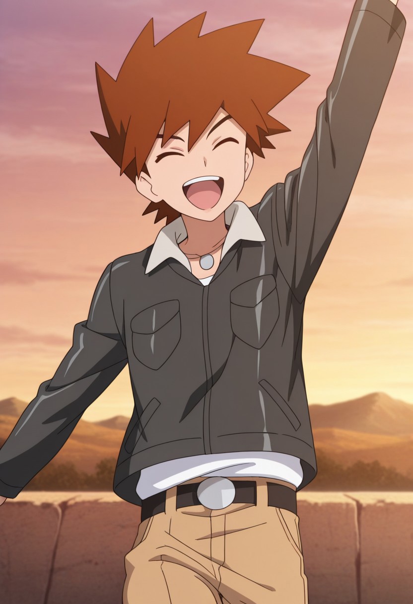 masterpiece,best quality,amazing quality, source_anime, 
shige_jou, 1boy, male focus, solo, closed eyes, brown hair, spiked hair, shirt, white shirt, collared jacket, jacket, black jacket, jewelry, necklace, belt, pants, brown pants, happy, mouth open, arm up,
outdoor,