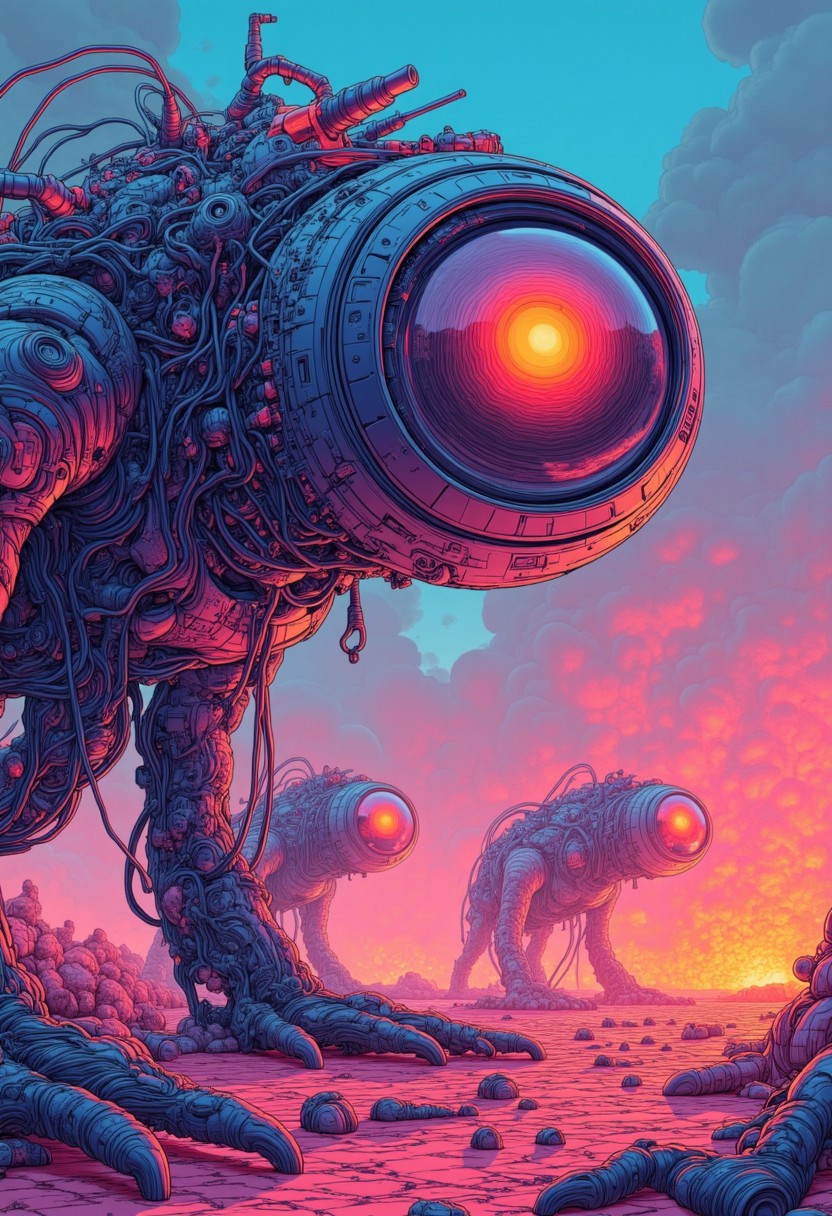 A chaotic battlefield of hi-tech digital constructs, featuring [tank | exoskeleton | mecha] made of tiny neon filaments and cables. These intricate entities are fighting each other in a dynamic wireframe vector graphic environment. The scene includes electrical interfaces, power cords, and glowing inputs. The overall style is realistic and futuristic, rendered with hyperdetailed textures, vibrant colors, and a painterly aesthetic. The composition emphasizes dreamlike, surreal elements with advanced technology, such as holographic overlays, liquid crystal reflections, and multiple layers of intricate design. The setting merges scientific displays with conceptual digital artistry, resulting in a masterpiece-level image with expressive and dynamic energy.