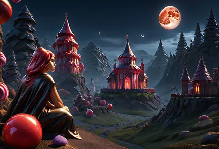 ((masterpiece)), ((best quality)), ultra-detailed, photorealistic, a girl sitting on a cliff, wearing a dark cape, gazing at a distant gothic grim castle, night time, large red moon illuminating the scene, dark medieval fantasy tone, desolate and lovecraftian landscape, eerie atmosphere, dramatic lighting, misty valleys, magic in the air, tragic and fantastical vibe, shadows cast over the land, intricate textures, high resolution, haunting beauty, cinematic composition.castle, dark, chiaroscuro, low-key, DarkFantasy, Dark Fantasy page,castle, Candy, Land, Candy Land, Candy, Candy shapes
