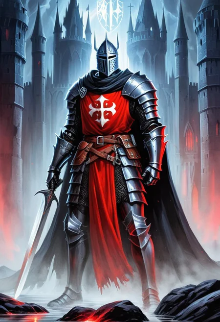 black armor, black knight, score_10, score_9, score_9_up, score_8_up, score_7_up, masterpiece, best quality, duo focus, multiple_boys, 2boys,, two figures, 1980s Fantasy Style, knight, gothic paladin , full plate armor, armor, black, cloak, hood, sword, heavy armor, shield, ghost, reflection, spirit, translucent, red mist, paladin, fighter, rogue, vivid color, castle,