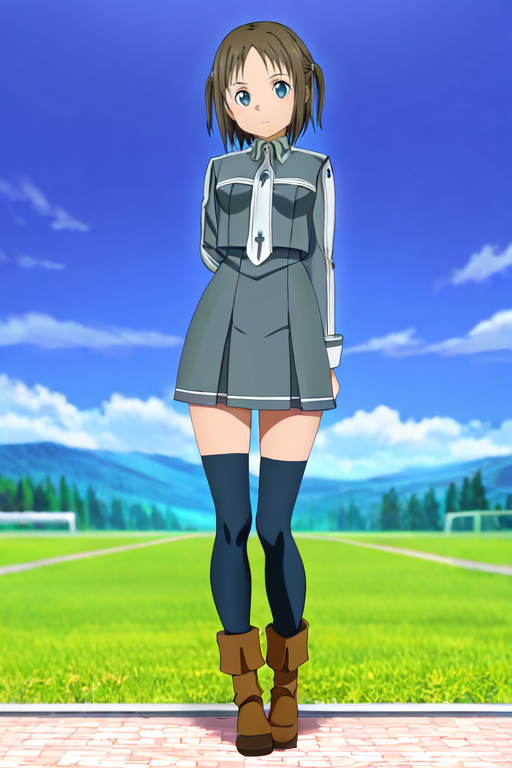 masterpiece, High quality, Ultra detailed, 2d, newest, absurdres, highres, BREAK
1girl, solo, <lora:ronye_arabel:0.8>, ronye_arabel_(sword_art_online), short hair, brown hair, two side up, blue eyes, 
ronyeDef, long sleeves, school uniform, grey jacket, necktie, grey skirt, pleated skirt, zettai ryouiki, black thighhighs, brown footwear, boots,