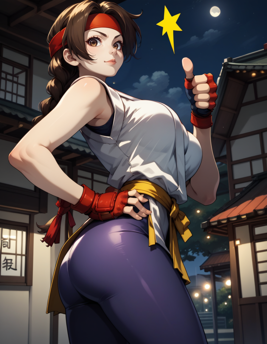 score_9, score_8_up, score_7_up,score_6_up, score_5_up, score_4_up , 1girl, solo,
large breasts,
ysakazaki,
brown hair, brown eyes,
dougi, spandex, headband, fingerless gloves, single braid, 
looking at viewer, 
thumbs up, ;), 
from below,
from side, hand on hip, 
city, night,
 <lora:Ysakazaki KOF v01-000003:0.90>