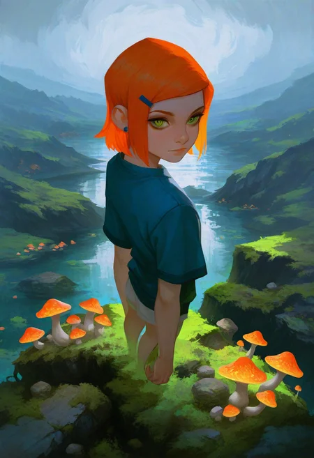 masterpiece, best quality, good quality, very aesthetic, absurdres, newest, 
female, slim, solo, gwen tennyson (/Ben10)/,(ultra HD quality details), bright orange hair, short hair, (green eyes), looking at viewer, innocent, standing, mushrooms, rocks, moss, highlands, overcast, mist, early morning, dim, ethereal, iridescent, mysterious, cinematic lighting, dramatic,postcard,  (lineart:0.6), high-angle view, watercolor, illustration, vintage, (art nouveau:0.2),