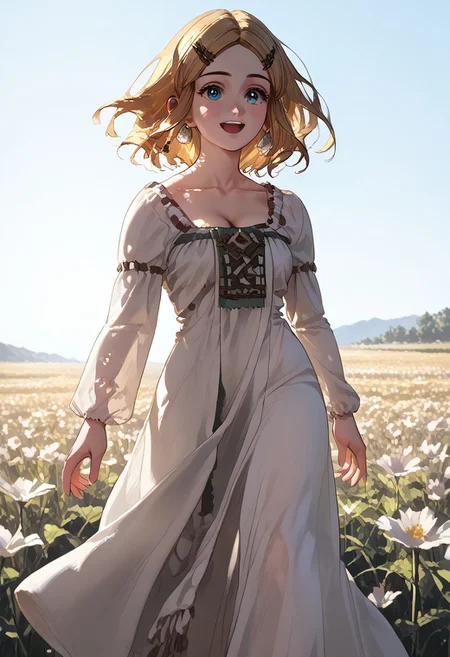 abbystea style, score_9, score_8_up, score_7_up, masterpiece, ultra detailed, best quality, 1girl, princess zelda, solo, fullbody, detailed eyes, detailed face, beautiful face, perfect face, detailled body, large breasts, wide hips, curvy, voluptuous, zelda, blue eyes, happy, smiling, open mouth, movement, wind, outdoor, medium hair, linen dress, flower field, sun, sun rays, loose clothes, ample clothes, white dress, cleavage, shot from side, profile shot, detail1eye, anime