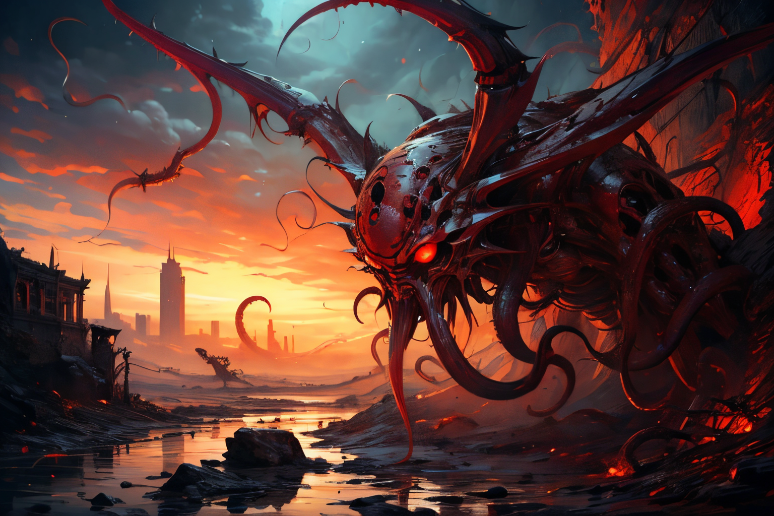 (Realistic:1.5) EdobHorrorLandscape , tentacles, horns, rock, robot, ruins, night, wings, building, solo, red eyes, <lora:EdobHorrorLandscape_v1.0:0.8>