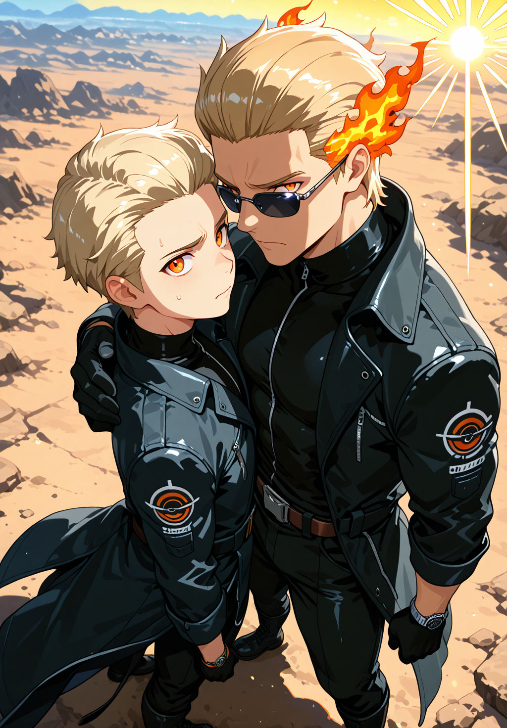 IllusP0s, source_anime, ah1, IllustriousQual, interesting, exciting, spectacular, wonderful, amazing quality, absolutely eye-catching, very awa,  
BREAK <lora:xl_more_art-full_v1:0.2>, <lora:aesthetic_anime_v1s:0.2>,<lora:detailxl:0.2>, detailxl, amazing quality, best aesthetic, absurdres, illustration, Volumetric_Lighting, ultra-detailed, very aesthetic, intricate details, best_quality, lazympos, <lora:Add_Details_v1.2:0.2>, <lora:quality_modifiers_masterpieces_v1:0.2>, <lora:ZootPonyAnime_V1_r2:0.2>, <lora:Bestifacator2:0.2>, anime style,
BREAK (((His voice rings out, calm and steady, as he guides his comrades through the treacherous terrain, his eyes scanning the horizon for any sign of danger, his hand on the shoulder of the man beside him, a reassuring presence in the midst of uncertainty, The men around him nod, their faces set with determination, as they press on, their footsteps echoing through the desolate landscape))), <lora:DynamicPoseIL2att_alpha1.0_rank4_noxattn_900steps:0.8>, dynamic pose,
BREAK Stable_Yogis_PDXL_Positives, AS-Adult, <lora:Complicated fantasy portrait - XL Pony V2.0:0.2>, <lora:HDA_Detailer:0.3>, AS-MidAged, ((((from above), (from side), chest focus))),
BREAK (((<lora:albertwesker-guy-PONYv1:0.8>, albertwesker, 1boy, toned, athletic, fit, mature male))), <lora:shinyskin2:0.2>, glistening skin, <lora:perfection style:0.2>, perfection style, perfection, 
BREAK (((black gloves, watch, belt, black coat, black pants, black turtleneck, zipper, black boots))), ((sunglasses:1.3)), 
BREAK ((slicked back hair, (short hair:1.7), blonde)), <lora:hairdetailpxl:0.2>, hairdetailpxl, 
BREAK ((angular face, sharp_featured face, handsome, charming, alluring)), slit pupils, orange eyes, expressive eyes, perfecteyes, EyesHD, <lora:Eyes_Lora_Pony_Perfect_eyes:0.2>,
BREAK (((Worried, Anxious or troubled about actual or potential problems))), <lora:Expressive_H:0.2>, Expressiveh, <lora:Emotional_Anime_Expressions_PonyXL_Concept:0.2>, emotional, <lora:Best_Facial_Expression_LoRA_PONY:0.2>, looking at viewer, <lora:Detailed expressive EXEV style -XL Pony V1.0:0.2>, FaceDetail,
BREAK (((Solar Flare, The Solar Flare spaceship is sunburst yellow with fiery patterns adorning its hull, The design features sharp angles and solar panels on the sides))), <lora:Background Detailer - SDXL:0.2>, 4k, 8k, Ultra HD, Masterpiece, Best quality, Detailed background, foreshortening, extreme perspective, <lora:Add_more_details_V2_XLpony:0.2> full_details, <lora:background-type1:0.2>, <lora:AddMicroDetails_Illustrious_v3:0.2>, addmicrodetails, SmoothNoob_Quality,