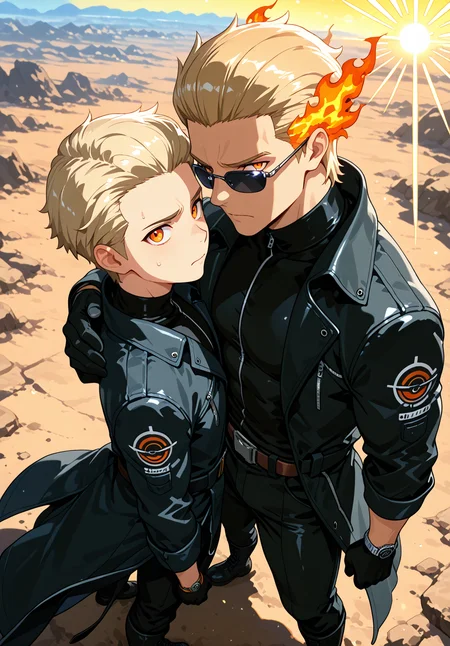 IllusP0s, source_anime, ah1, IllustriousQual, interesting, exciting, spectacular, wonderful, amazing quality, absolutely eye-catching, very awa,
BREAK <lora:xl_more_art-full_v1:0.2>, <lora:aesthetic_anime_v1s:0.2>,<lora:detailxl:0.2>, detailxl, amazing quality, best aesthetic, absurdres, illustration, Volumetric_Lighting, ultra-detailed, very aesthetic, intricate details, best_quality, lazympos, <lora:Add_Details_v1.2:0.2>, <lora:quality_modifiers_masterpieces_v1:0.2>, <lora:ZootPonyAnime_V1_r2:0.2>, <lora:Bestifacator2:0.2>, anime style,
BREAK (((His voice rings out, calm and steady, as he guides his comrades through the treacherous terrain, his eyes scanning the horizon for any sign of danger, his hand on the shoulder of the man beside him, a reassuring presence in the midst of uncertainty, The men around him nod, their faces set with determination, as they press on, their footsteps echoing through the desolate landscape))), <lora:DynamicPoseIL2att_alpha1.0_rank4_noxattn_900steps:0.8>, dynamic pose,
BREAK Stable_Yogis_PDXL_Positives, AS-Adult, <lora:Complicated fantasy portrait - XL Pony V2.0:0.2>, <lora:HDA_Detailer:0.3>, AS-MidAged, ((((from above), (from side), chest focus))),
BREAK (((<lora:albertwesker-guy-PONYv1:0.8>, albertwesker, 1boy, toned, athletic, fit, mature male))), <lora:shinyskin2:0.2>, glistening skin, <lora:perfection style:0.2>, perfection style, perfection,
BREAK (((black gloves, watch, belt, black coat, black pants, black turtleneck, zipper, black boots))), ((sunglasses:1.3)),
BREAK ((slicked back hair, (short hair:1.7), blonde)), <lora:hairdetailpxl:0.2>, hairdetailpxl,
BREAK ((angular face, sharp_featured face, handsome, charming, alluring)), slit pupils, orange eyes, expressive eyes, perfecteyes, EyesHD, <lora:Eyes_Lora_Pony_Perfect_eyes:0.2>,
BREAK (((Worried, Anxious or troubled about actual or potential problems))), <lora:Expressive_H:0.2>, Expressiveh, <lora:Emotional_Anime_Expressions_PonyXL_Concept:0.2>, emotional, <lora:Best_Facial_Expression_LoRA_PONY:0.2>, looking at viewer, <lora:Detailed expressive EXEV style -XL Pony V1.0:0.2>, FaceDetail,
BREAK (((Solar Flare, The Solar Flare spaceship is sunburst yellow with fiery patterns adorning its hull, The design features sharp angles and solar panels on the sides))), <lora:Background Detailer - SDXL:0.2>, 4k, 8k, Ultra HD, Masterpiece, Best quality, Detailed background, foreshortening, extreme perspective, <lora:Add_more_details_V2_XLpony:0.2> full_details, <lora:background-type1:0.2>, <lora:AddMicroDetails_Illustrious_v3:0.2>, addmicrodetails, SmoothNoob_Quality,