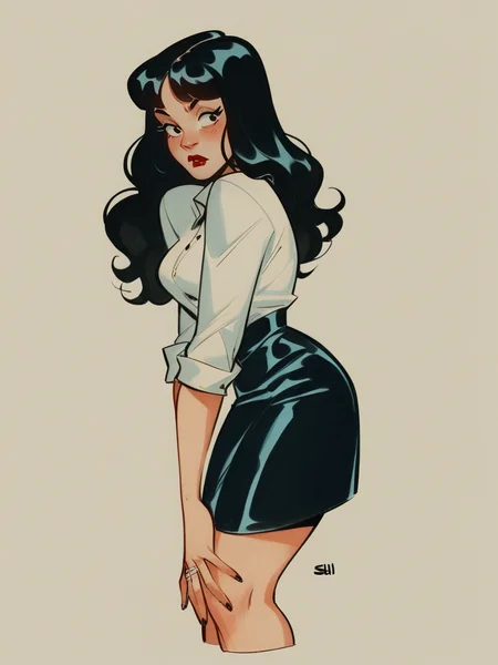 score_9, score_8_up, score_7_up, score_6_up, score_5_up, 1girl, black hair, long hair, <lora:4RCH13XLP:1> 4rch13, traditional media, skirt,