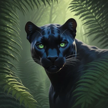 symphtia-style, masterpiece, best quality, absurdres, vibrant, highly detailed, very aesthetic, animal focus, black panther, hiding behind ferns, pitch black fur, piercing green eyes, whiskers, eye focus, forest background, sidelightning, (dappled sunlight:1.5), volumetric lightning, detailed fur, very dark