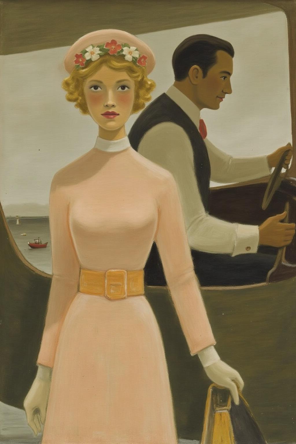 jeanpaullemieux1 painting.
A romantic scene of a couple on a vintage biplane. The woman, in the foreground, is a stylish woman with curly blonde hair adorned with a flower garland and wearing a light, flowing, peach-colored dress with a wide belt, a matching hat, and gloves. The man is piloting the biplane with his hands firmly on the steering wheel, <lora:jeanpaullemieux1_cap_d6a3e8:1.0><lora:840964900466713528:0>