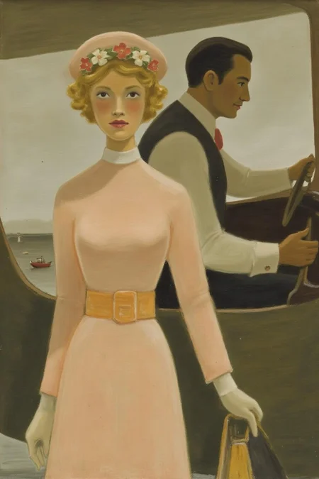 jeanpaullemieux1 painting.
A romantic scene of a couple on a vintage biplane. The woman, in the foreground, is a stylish woman with curly blonde hair adorned with a flower garland and wearing a light, flowing, peach-colored dress with a wide belt, a matching hat, and gloves. The man is piloting the biplane with his hands firmly on the steering wheel, <lora:jeanpaullemieux1_cap_d6a3e8:1.0><lora:840964900466713528:0>