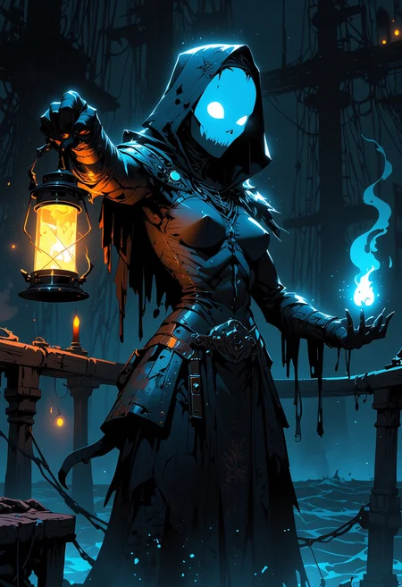 A Ghostly Sailor, spectral mariner with tattered uniform, glowing white eyes, holding a spectral lantern, haunted ship deck, misty sea background, dim lanterns, atmosphere of lost voyages and ghostly tales.
Niji Stan Katayama style.