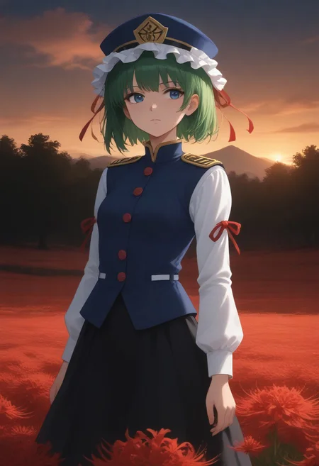 1girl, solo, solo focus, highres, absurdres, shikieiki, green hair, frilled hat, blue eyes, blue headwear, short hair,
long sleeves, black skirt, white shirt, blue vest, red ribbon, epaulettes, small breasts, arm ribbon, buttons,
looking afar,
red spider lily, flower field, night, night sky, red sky, backlighting,