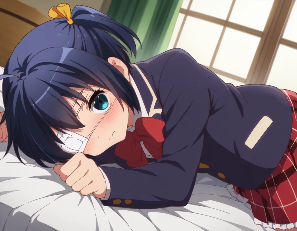 score_9, score_8_up, score_7_up, source_anime,
rikkatakanashi, <lora:rikka-takanashi-s2-ponyxl-lora-nochekaiser:1>,
rikka takanashi, short hair, blue eyes, black hair, ahoge, one side up, eyepatch, medical eyepatch,
skirt, school uniform, jacket, plaid, kneehighs, plaid skirt, blazer, icho private high school uniform,
indoors, bed, bed room, on side, blush, drunk,
looking at viewer, cowboy shot, dutch angle, solo,