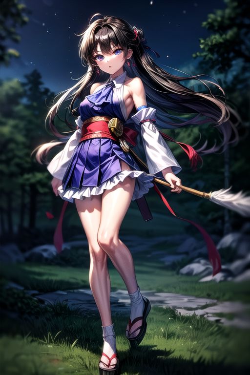 masterpiece,  best quality 1girl Setsun4 solo long hair,  (night time) forest background black hair very long hair purple eyes multicolored hair armor (fur trim) (medium body),<lora:EMS-179-EMS:0.800000>,<lora:EMS-293862-EMS:0.800000>ascot, bare shoulders, black footwear, detached sleeves, embellished costume, frills, japanese clothes, nontraditional miko, armor, miko