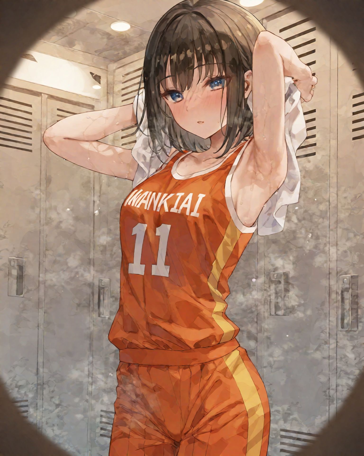 <lora:dmd2_sdxl_4step_lora:0.5> <lora:Hyper-SDXL-2steps-lora:1> <lora:sdxl_tdd_lora_weights:0.3>
1girl, looking aside, 
Artist:fuzichoco, Artist:michiking, Artist:mankai kaika, 
masterpiece, highres, absurdres,
sports uniform, basketball uniform,
sweat, very sweaty, armpits, 
(steam, steaming body, smell:1.4), holding towel, 
locker room, changing room, 
(peephole:1.2)
 <lora:peephole_illustrious_lora:0.8>