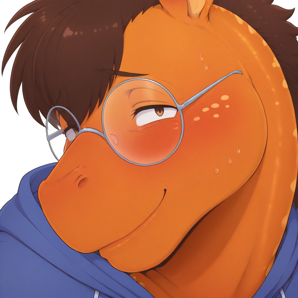 masterpiece, best quality, amazing quality, 
1boy, solo, Anthro,Aibu,zebra/gecko hybrid,orange body,tan spots,brown hair,plump,male focus, glasses, furry male, plump,glasses, smile, blue hoodie, white background, nervous smile, face focus, close-up, straight-on, looking at viewer, smirk,