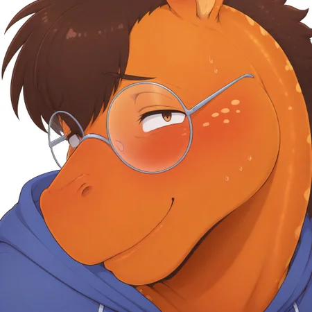 masterpiece, best quality, amazing quality,
1boy, solo, Anthro,Aibu,zebra/gecko hybrid,orange body,tan spots,brown hair,plump,male focus, glasses, furry male, plump,glasses, smile, blue hoodie, white background, nervous smile, face focus, close-up, straight-on, looking at viewer, smirk,
