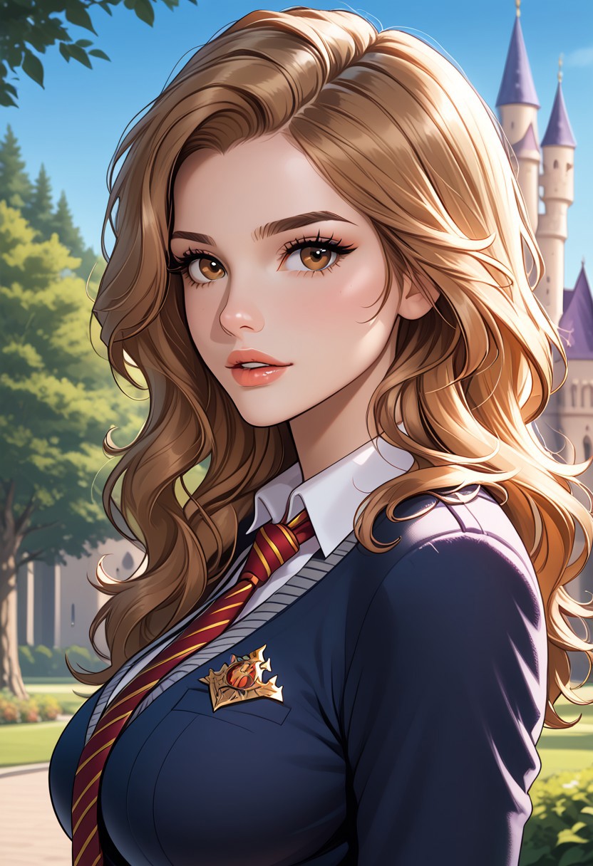https://civitai.com/images/71069860
solo, (side view:1) masterpiece, best quality,masterpiece, best quality, good quality, very aesthetic, newest, 8K, depth of field, focused subject, BREAK, 1girl, hermione granger, brown eyes,close up, sexy lips, ecasagrande, looking at viewer, parted lips, flirty, 
(large breasts:1.2)
Hogwarts uniform, tie, school shirt,
Beautiful castle, trees, sunny, beautiful sky