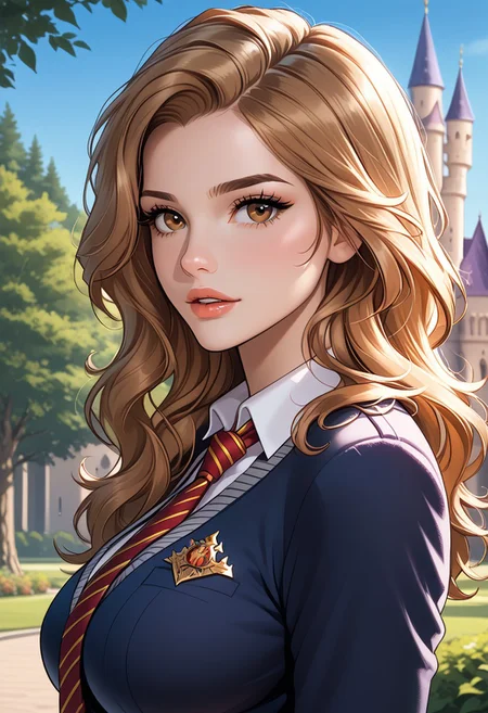 https://civitai.com/images/71069860
solo, (side view:1) masterpiece, best quality,masterpiece, best quality, good quality, very aesthetic, newest, 8K, depth of field, focused subject, BREAK, 1girl, hermione granger, brown eyes,close up, sexy lips, ecasagrande, looking at viewer, parted lips, flirty, 
(large breasts:1.2)
Hogwarts uniform, tie, school shirt,
Beautiful castle, trees, sunny, beautiful sky