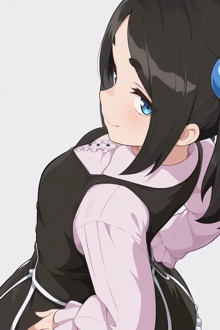 masterpiece, best quality, amazing quality, simple background, (white background:1.2), 

toxico_cnr, 1girl, black hair, twintails, blue eyes, thick eyebrows, toxico_black_cnr, light pink shirt, long sleeves, collared shirt, black vest, black skirt, frilled skirt, frilled dress, sleeveless dress, black pantyhose, buttons, center frills, hair bobbles, 

1girl, upper body, from above, from side, breast focus, dutch angle, head tilt, looking back, sideways glance, looking at viewer, smile, closed mouth, (lips:0.4), arms at sides, hands on own hips